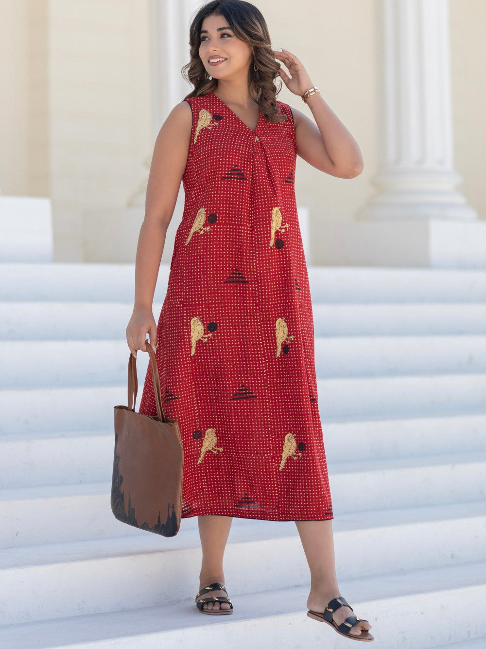 Long Sparrow Red' Hand Block Printed Cotton Dress