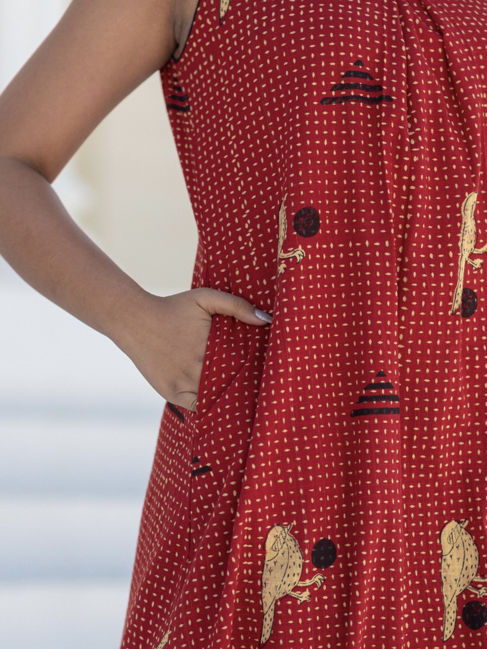 Long Sparrow Red' Hand Block Printed Cotton Dress