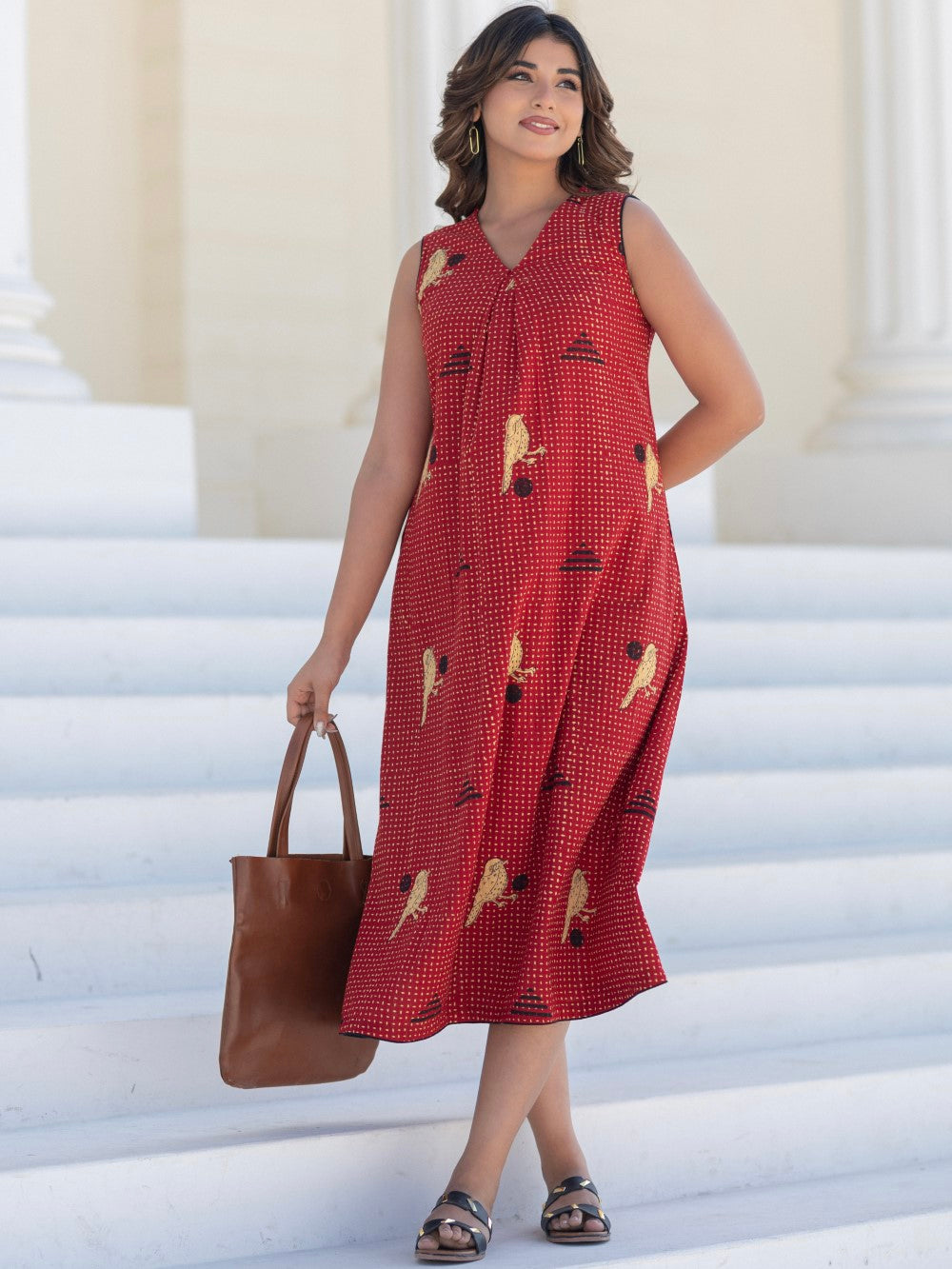 Long Sparrow Red' Hand Block Printed Cotton Dress