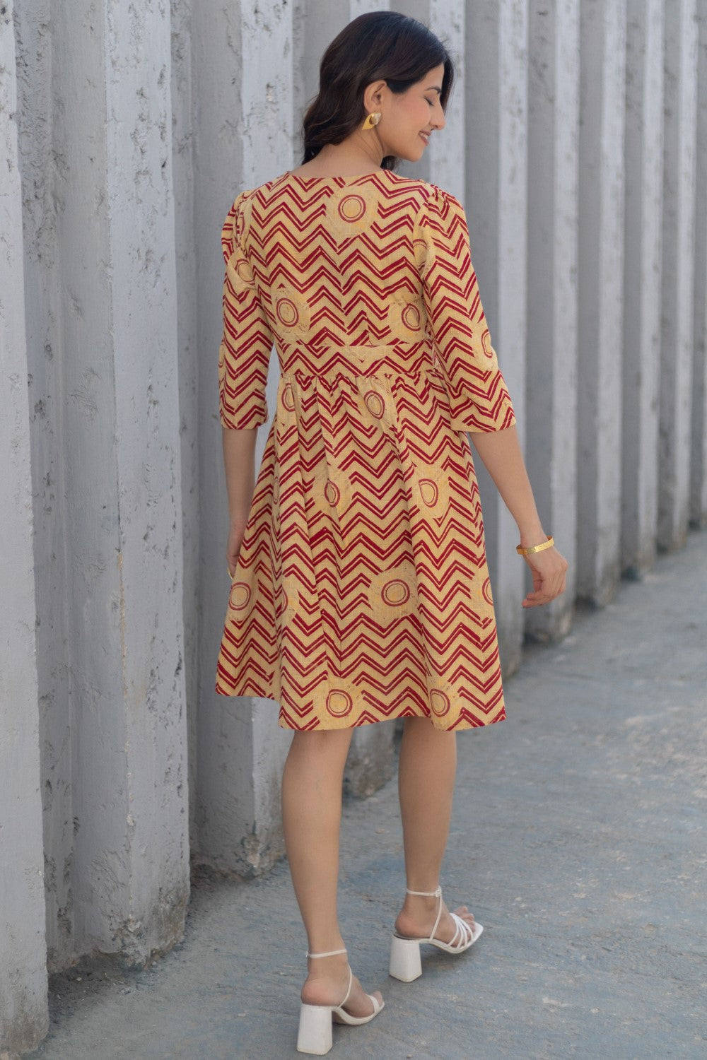 Chevron Sunset' Hand Block Printed Cotton Dress Red