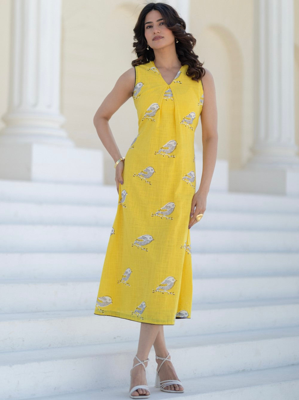 Sunlit Long Sparrow' Hand Block Printed Cotton Dress