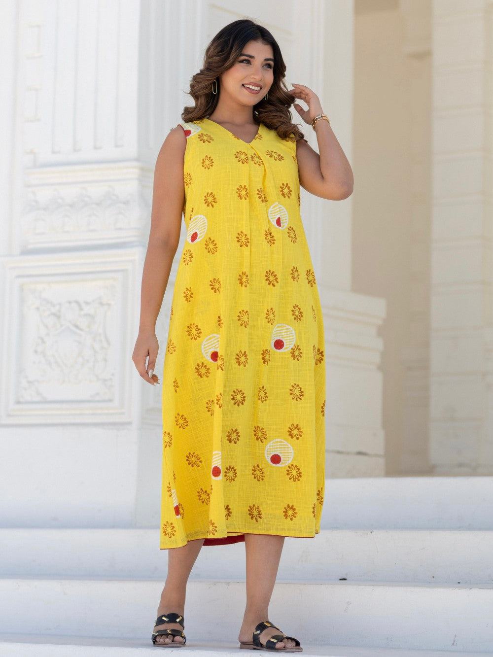 Foral Medallion Yellow ' Hand Block Printed Cotton Dress