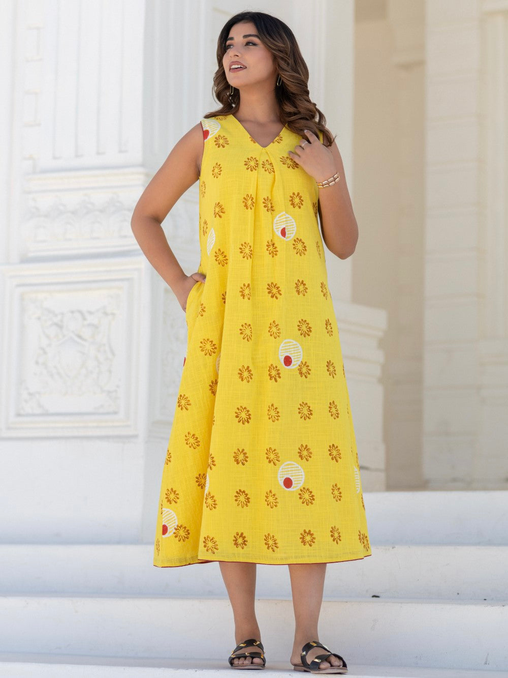 Foral Medallion Yellow ' Hand Block Printed Cotton Dress