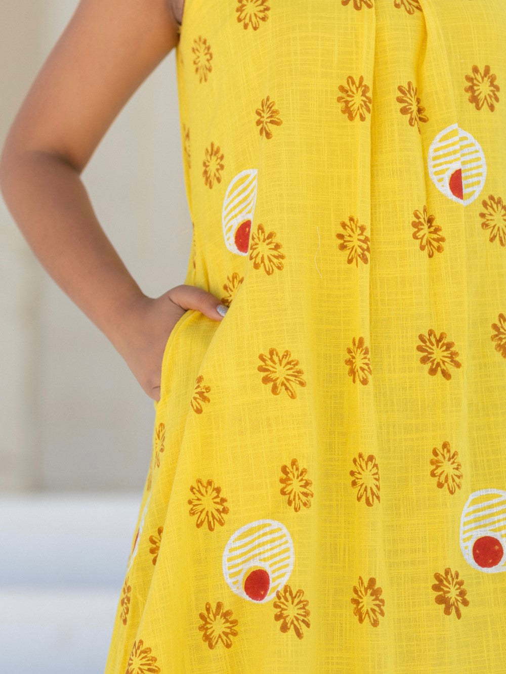 Foral Medallion Yellow ' Hand Block Printed Cotton Dress