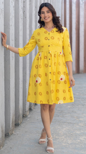 'Floral Medallion Yellow' Hand Block Printed Cotton Dress