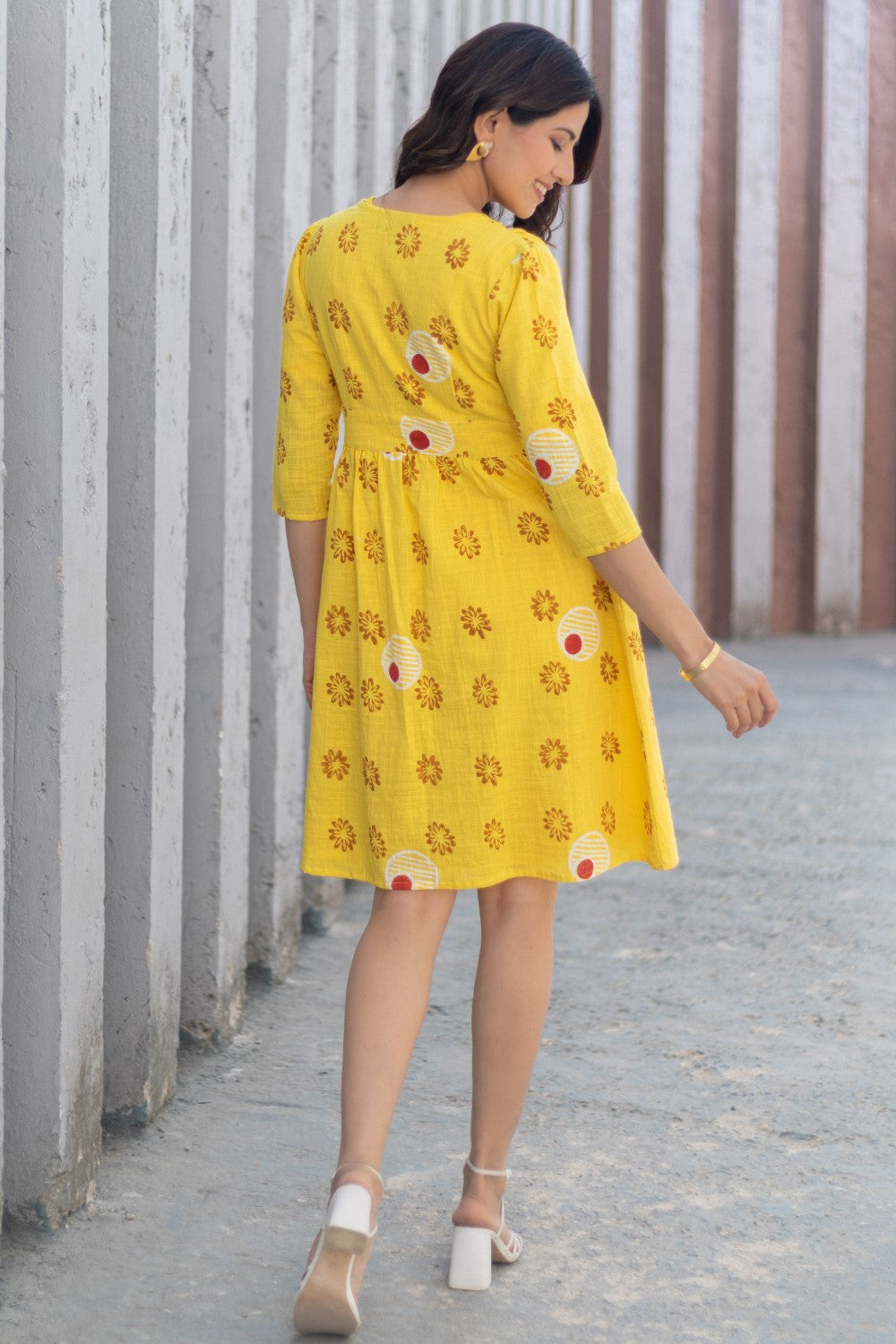 'Floral Medallion Yellow' Hand Block Printed Cotton Dress
