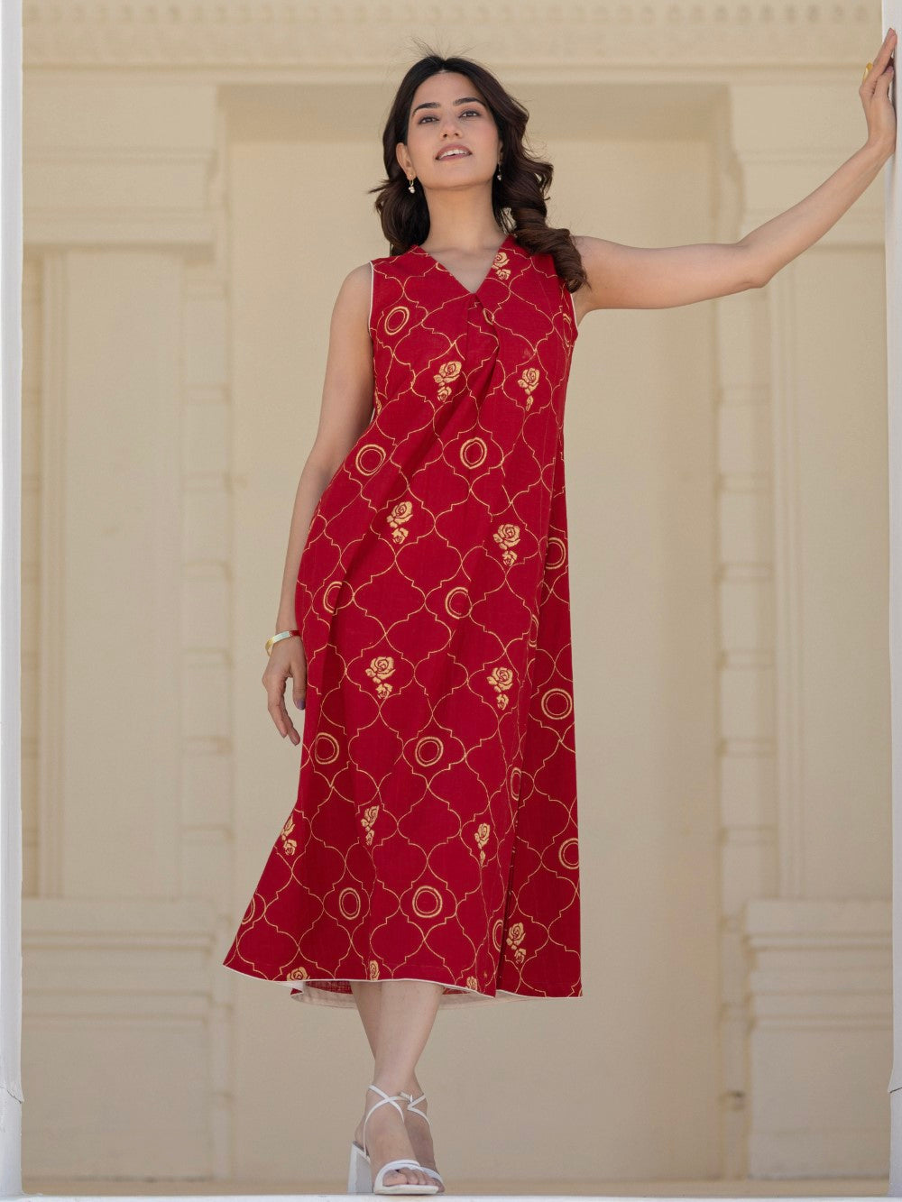 ' Rose Tapestry Red ' Hand Block Printed Cotton Dress