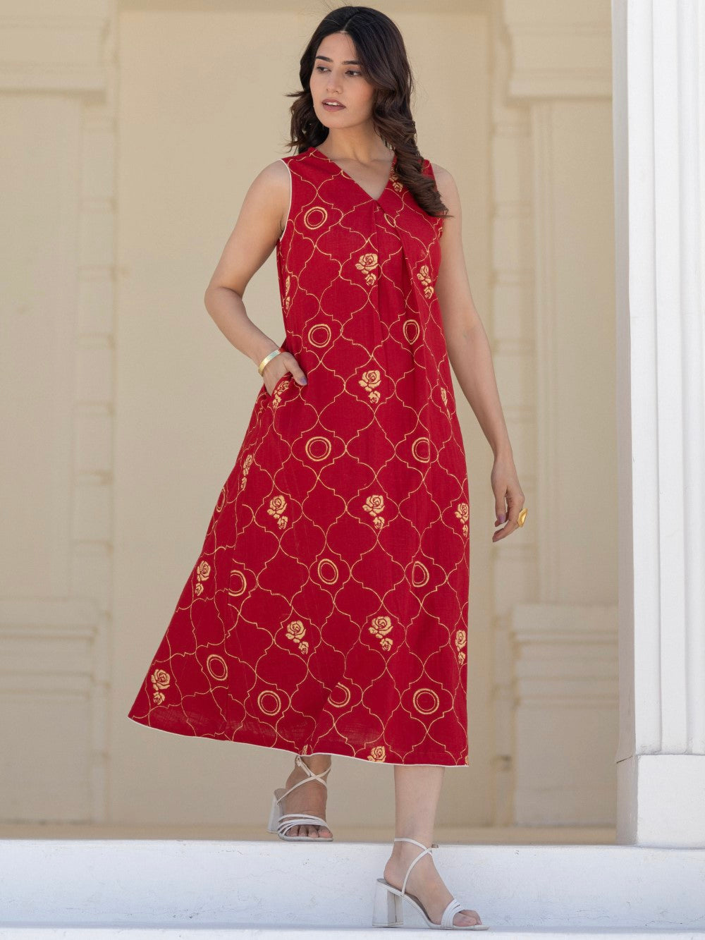 ' Rose Tapestry Red ' Hand Block Printed Cotton Dress