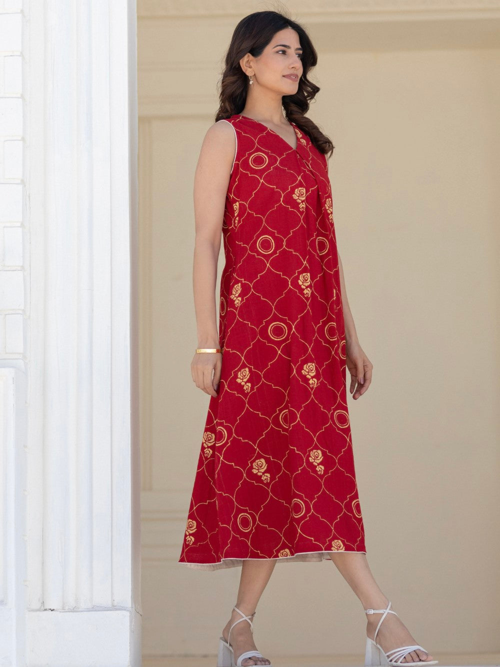 ' Rose Tapestry Red ' Hand Block Printed Cotton Dress