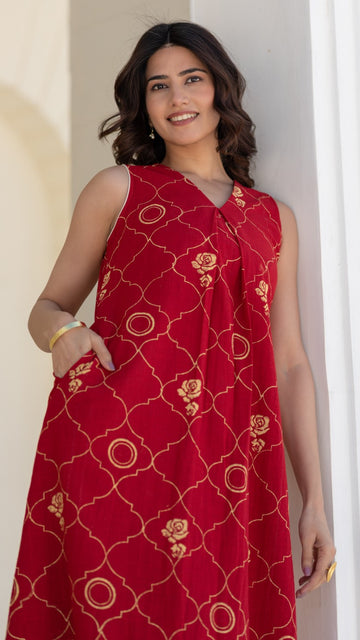 ' Rose Tapestry Red ' Hand Block Printed Cotton Dress