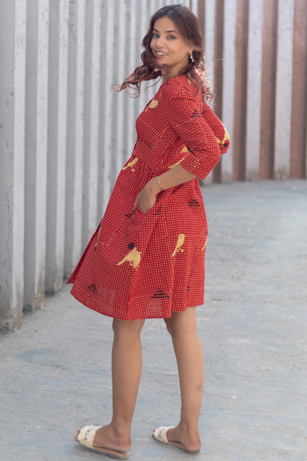 Sparrow Tales Red' Hand Block Printed Cotton Dress RED