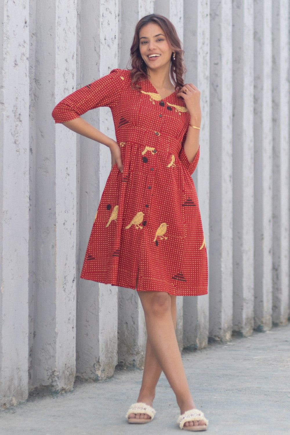 Sparrow Tales Red' Hand Block Printed Cotton Dress RED