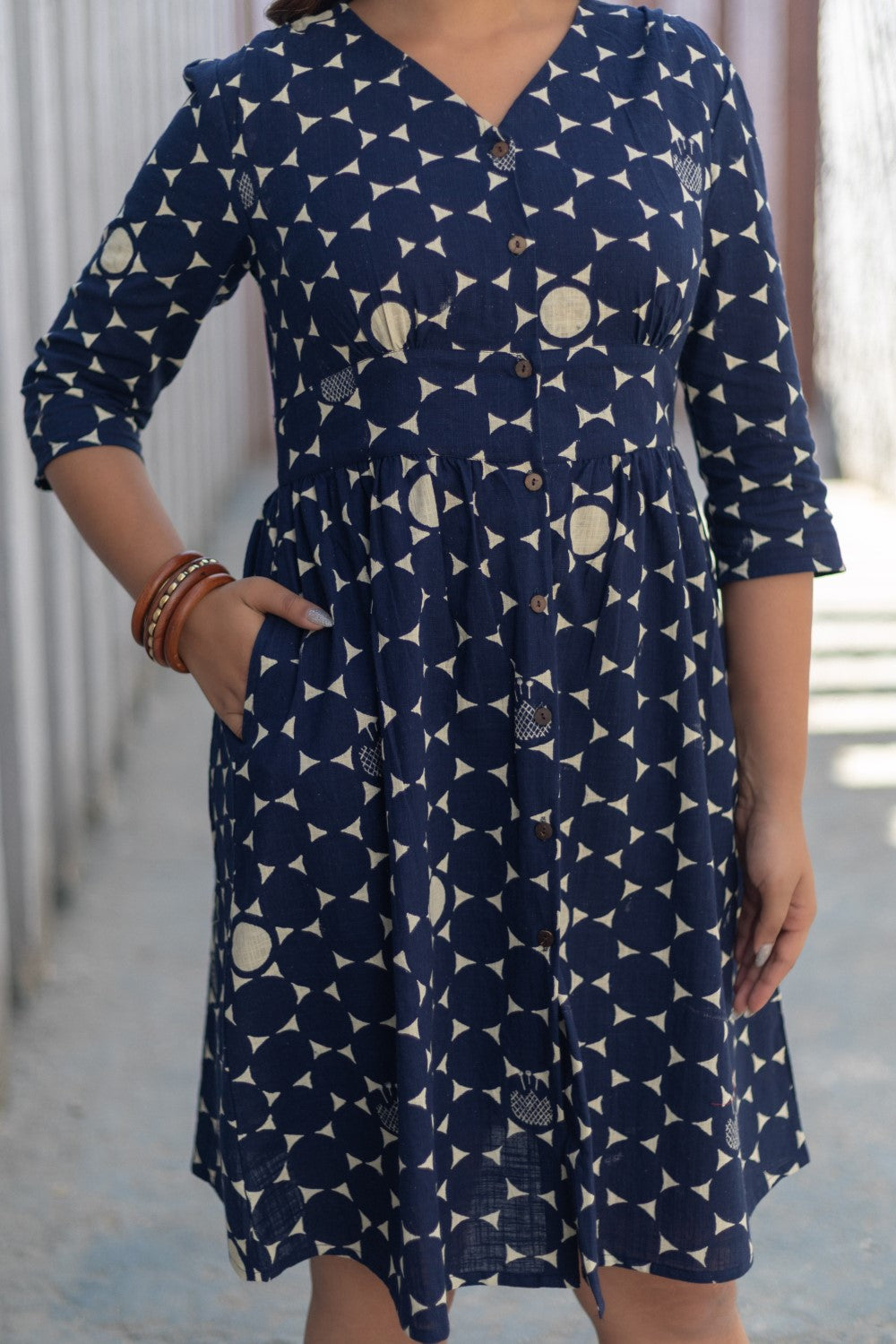 Starry Night' Hand Block Printed Cotton Dress BLUE