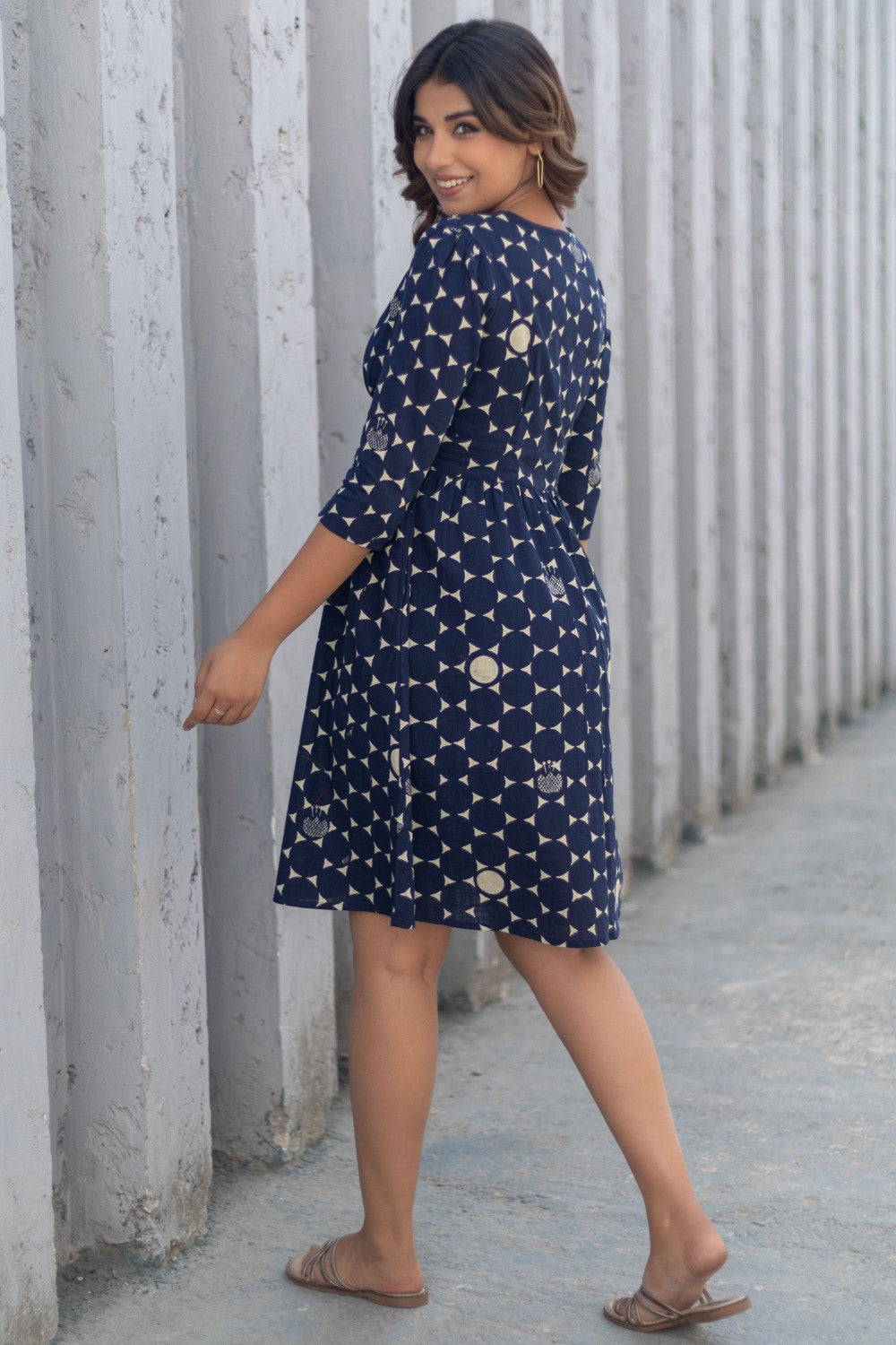 Starry Night' Hand Block Printed Cotton Dress BLUE