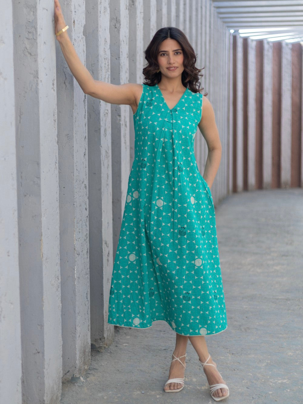 Starry Nights Teal' Hand Block Printed Cotton Dress