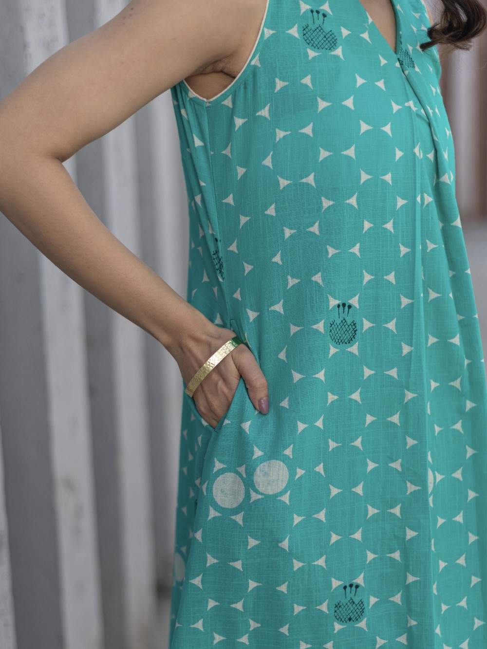 Starry Nights Teal' Hand Block Printed Cotton Dress
