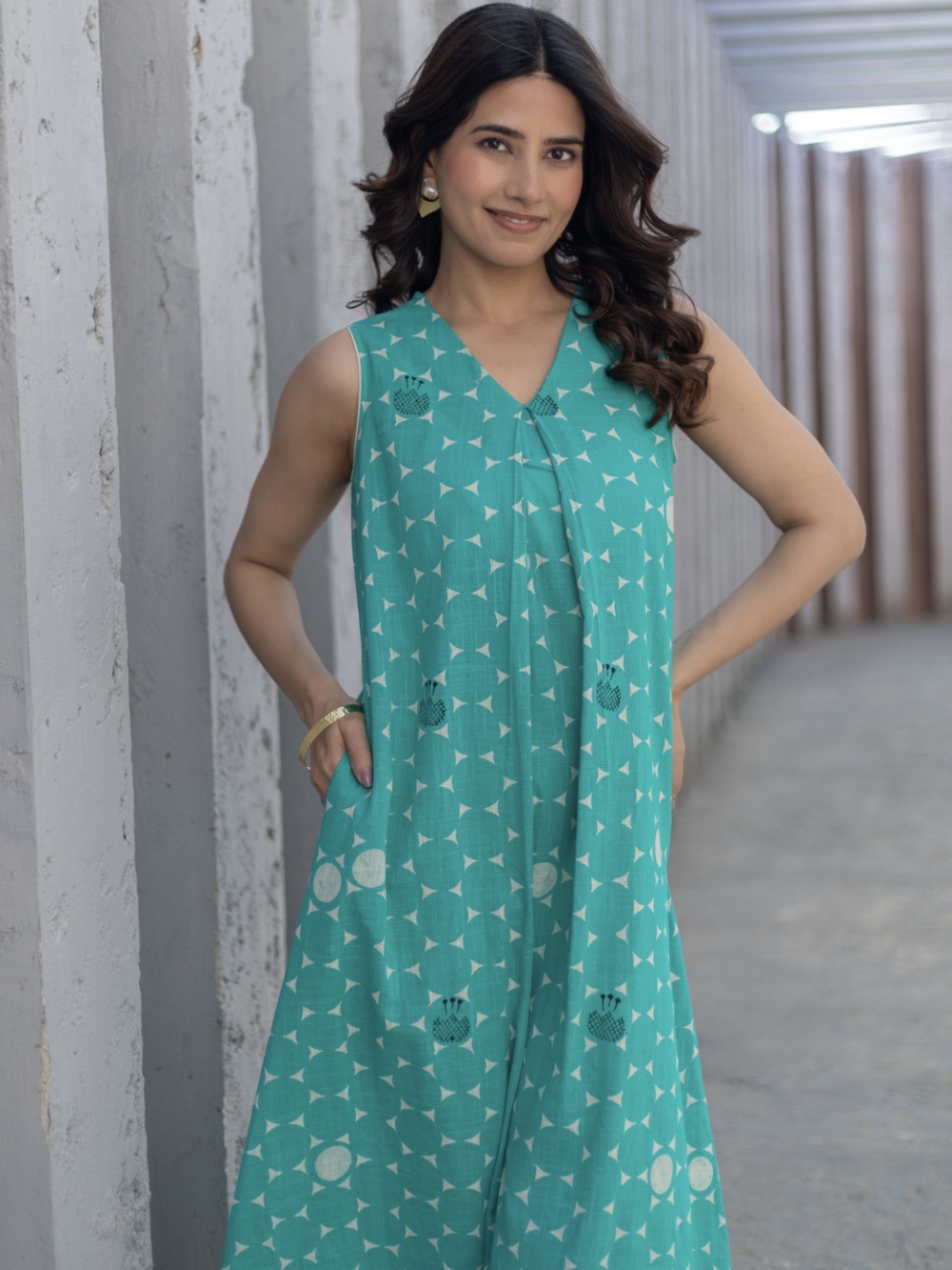Starry Nights Teal' Hand Block Printed Cotton Dress