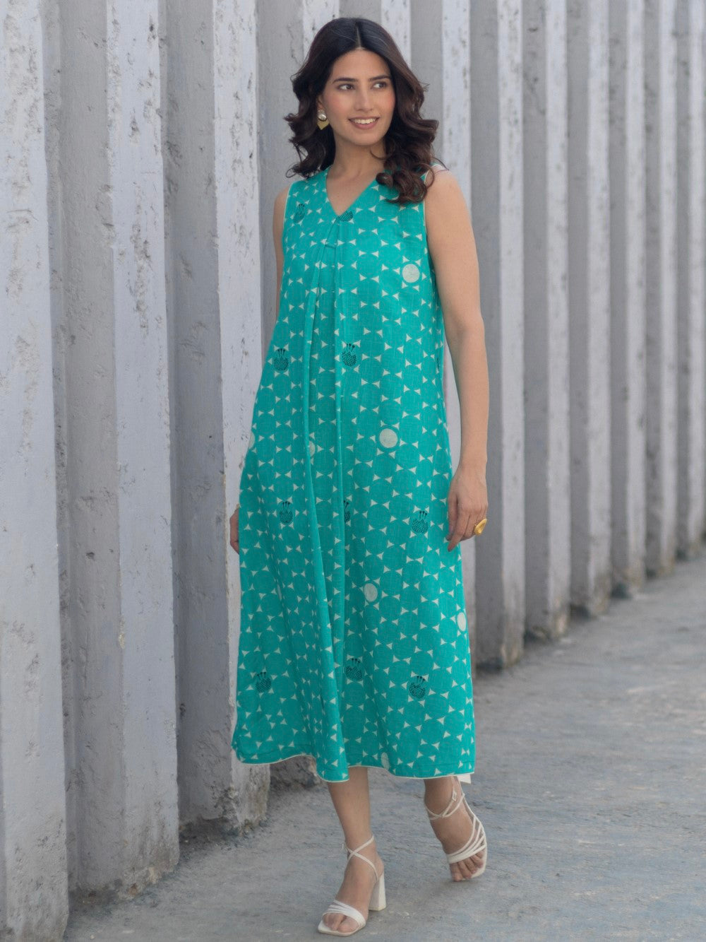 Starry Nights Teal' Hand Block Printed Cotton Dress