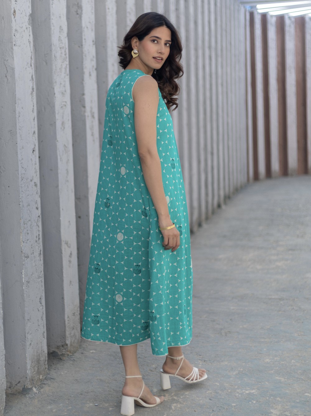 Starry Nights Teal' Hand Block Printed Cotton Dress