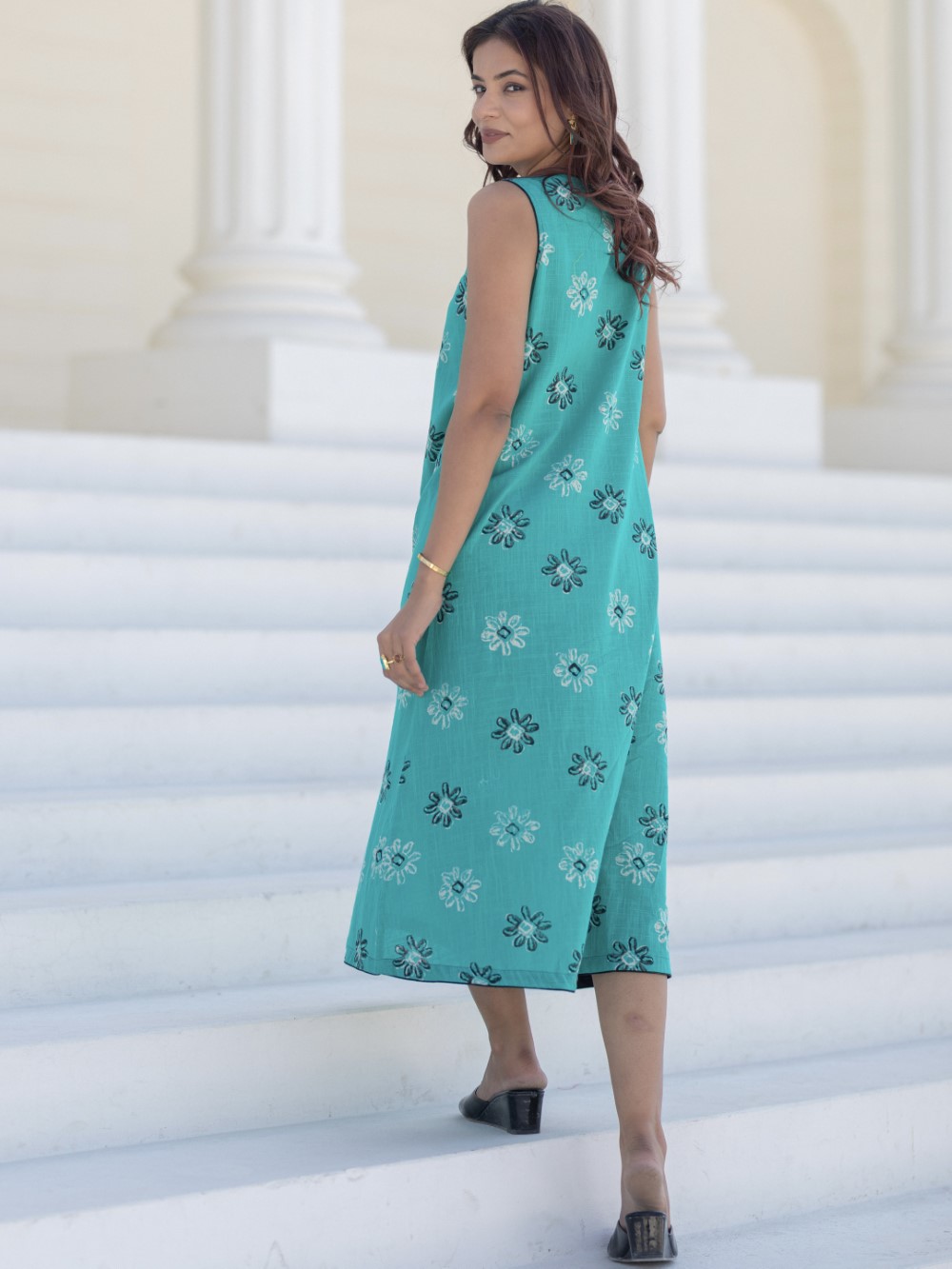 Cyan Blooms' Hand Block Printed Cotton Dress