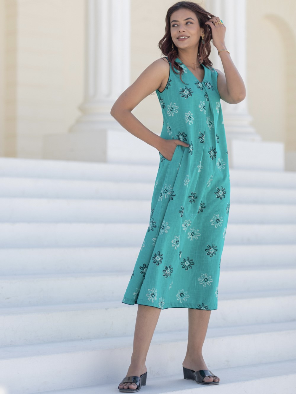 Cyan Blooms' Hand Block Printed Cotton Dress