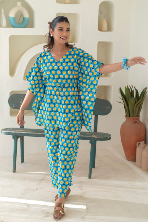 Sootisyahi 'Azure Medallions' Cotton Kaftan Set