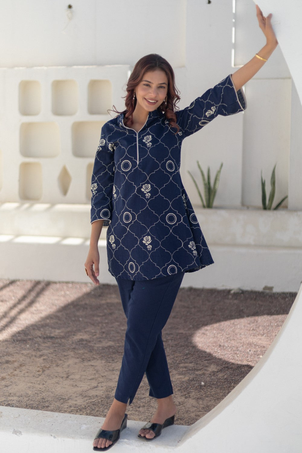 Rose Tapestry Blue' Hand Block Printed Cotton Dress
