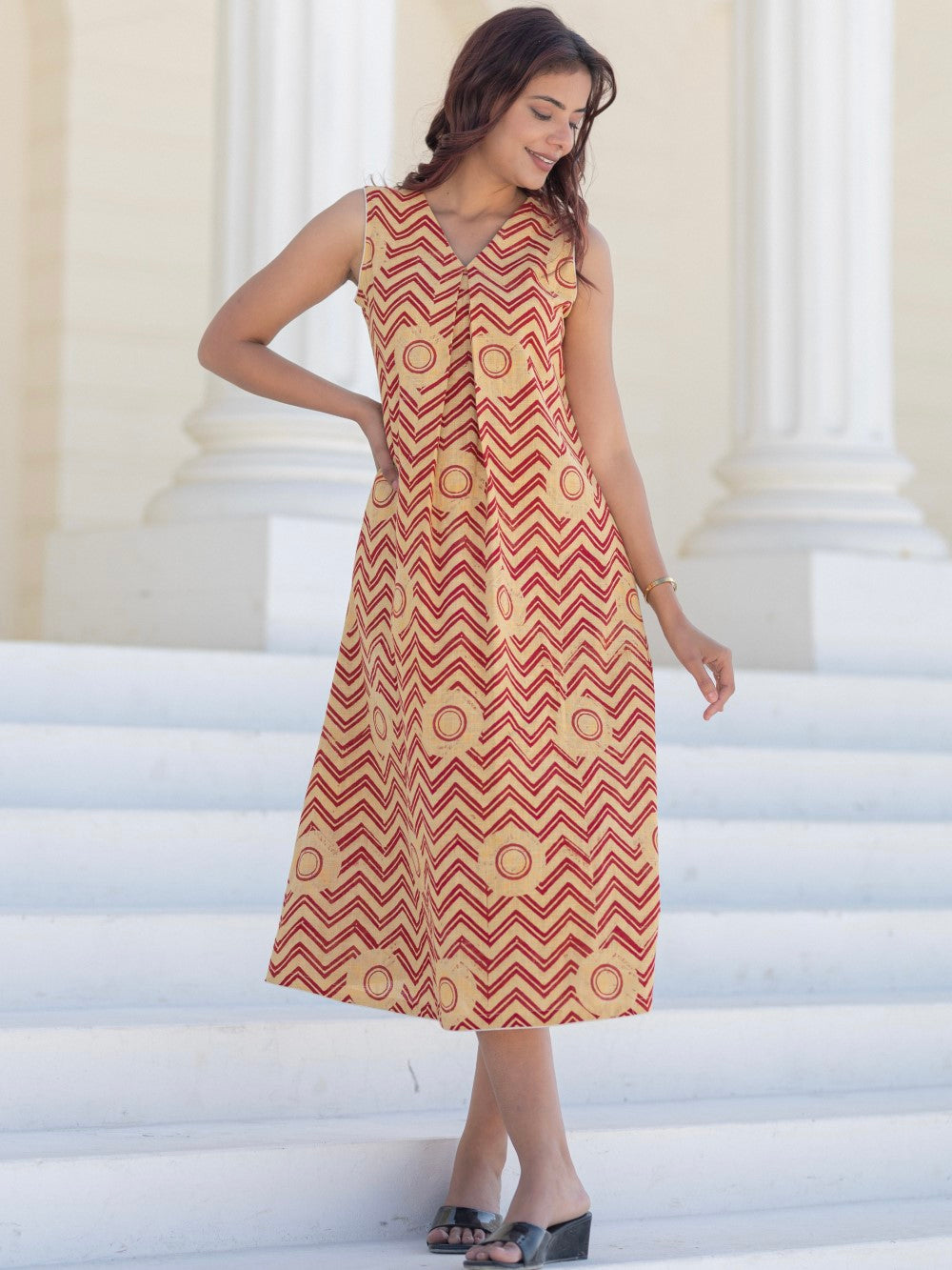Red Chevron Sunset' Hand Block Printed Cotton Dress