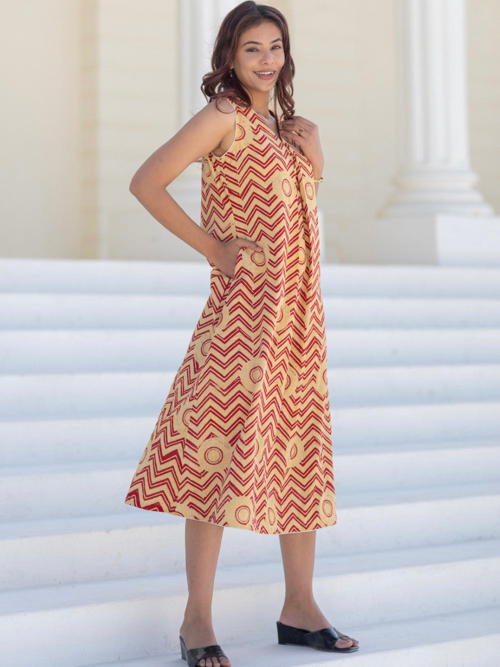Red Chevron Sunset' Hand Block Printed Cotton Dress