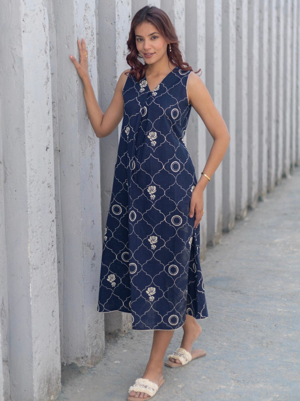Tapestry Blue' Hand Block Printed Cotton Dress