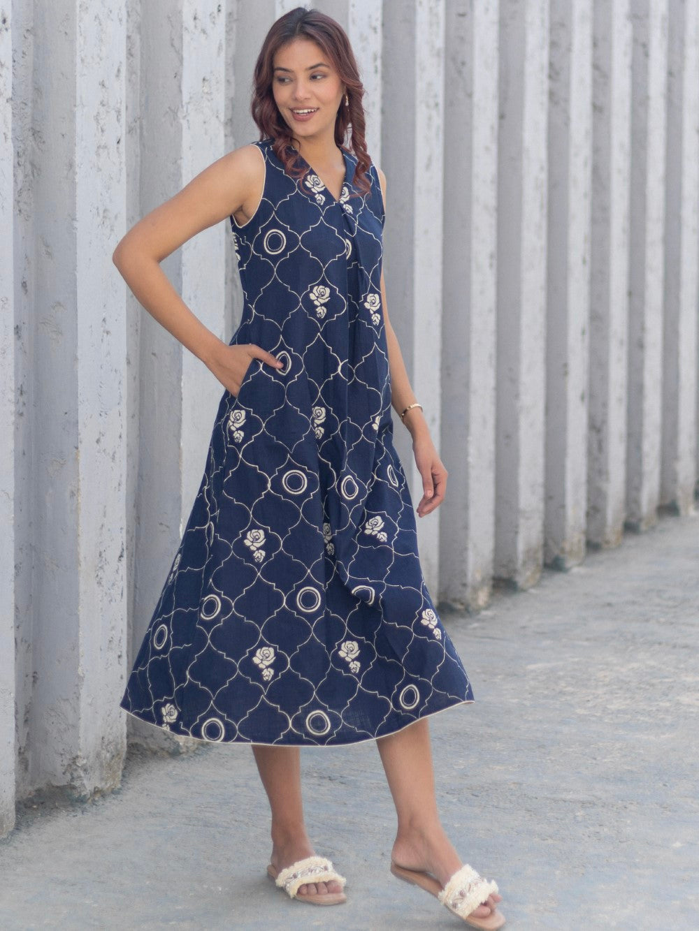 Tapestry Blue' Hand Block Printed Cotton Dress