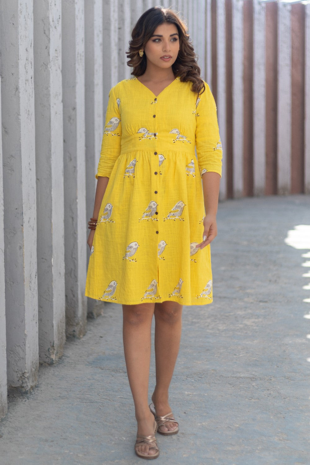 Sunlit Sparrow' Hand Block Printed Cotton Dress
