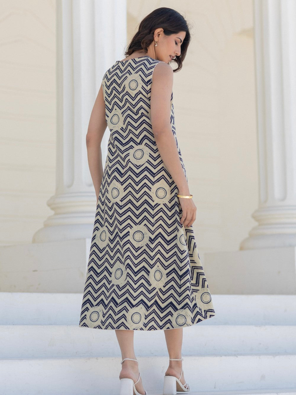 Chevron Sunset Blue ' Hand Block Printed Cotton Dress