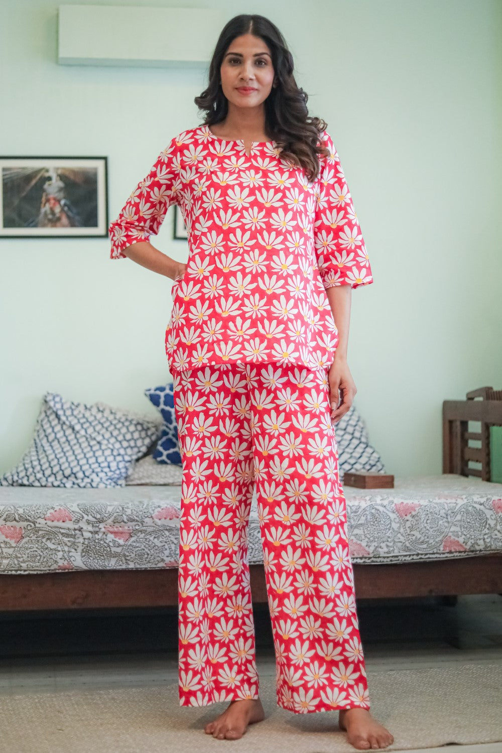 Sootisyahi 'Blush Floral' Handblock Printed Pure Cotton Night Suit