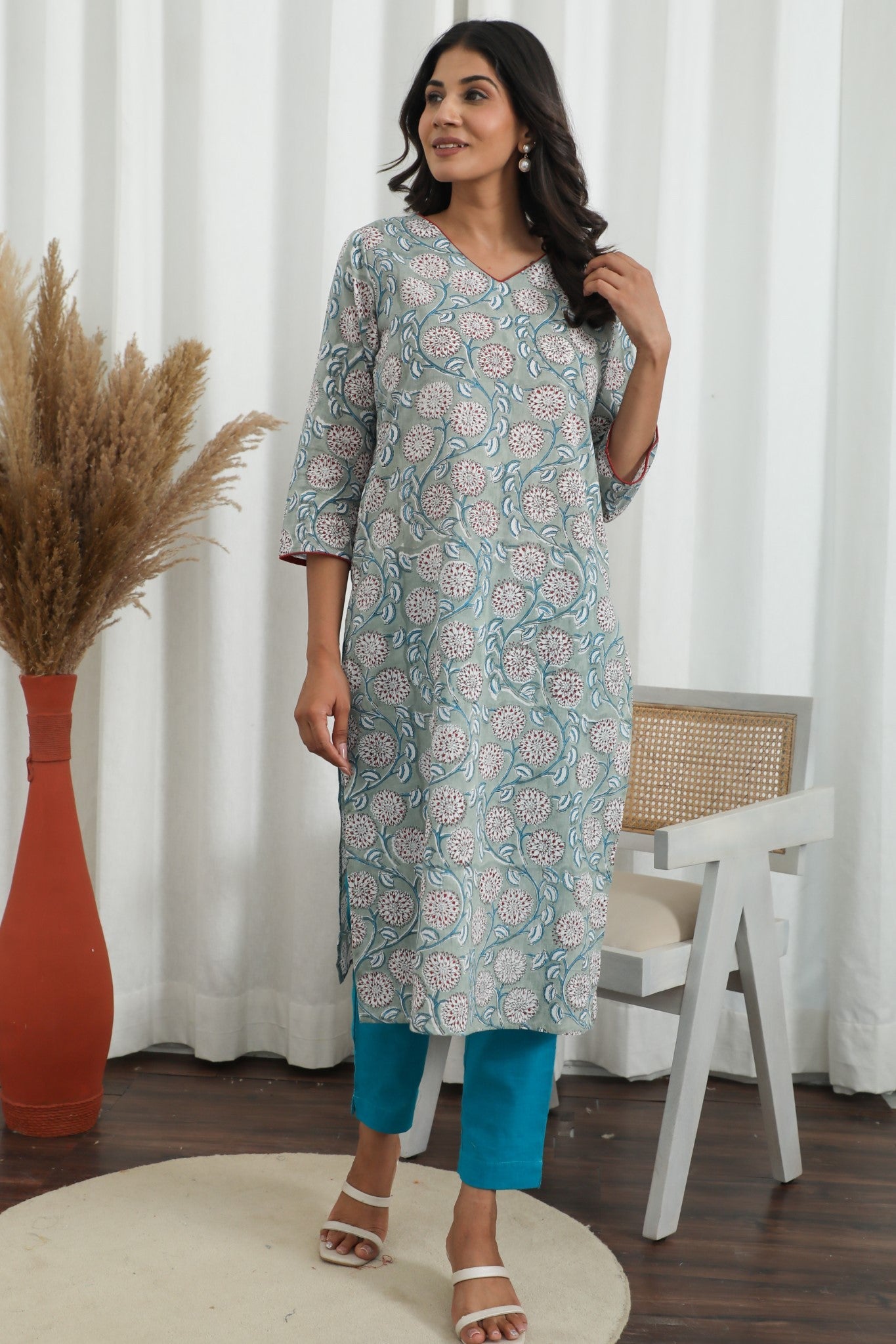  Daisy Chain ' Azofree Handblock Printed Pure Cotton Kurti - SootiSyahi