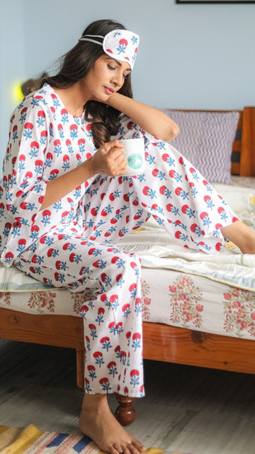 Sootisyahi 'Marigold Mirage' Handblock Printed Pure Cotton Night Suit
