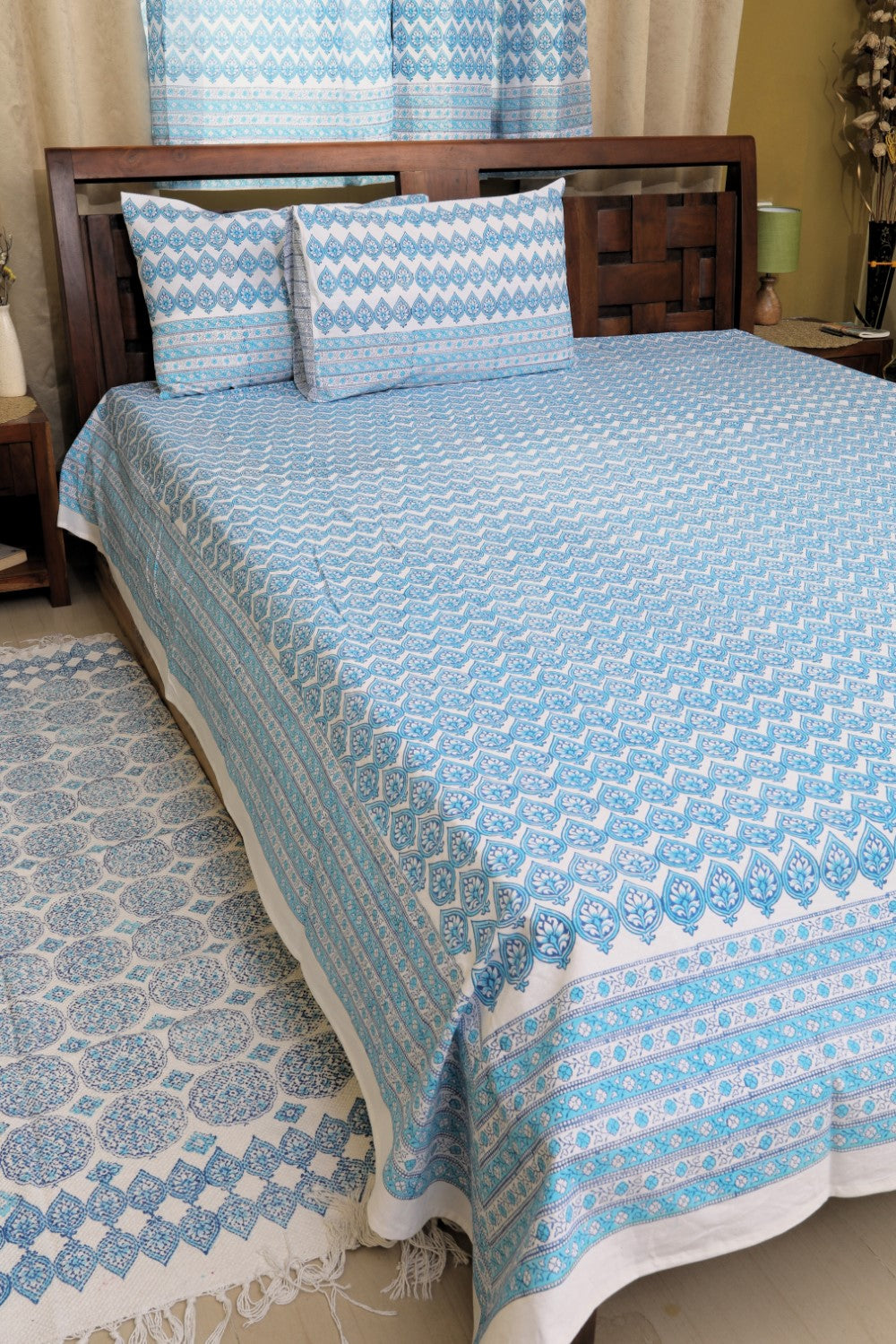 Sootisyahi 'Aqua Rangrez' Handblock Printed Cotton Bedsheet