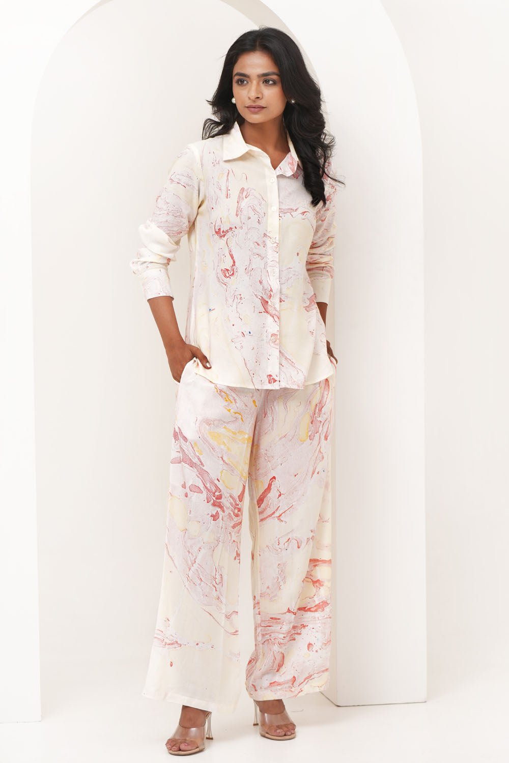 Stone Essence Hand Marble Printed Modal Silk Co - Ord Set - SootiSyahi