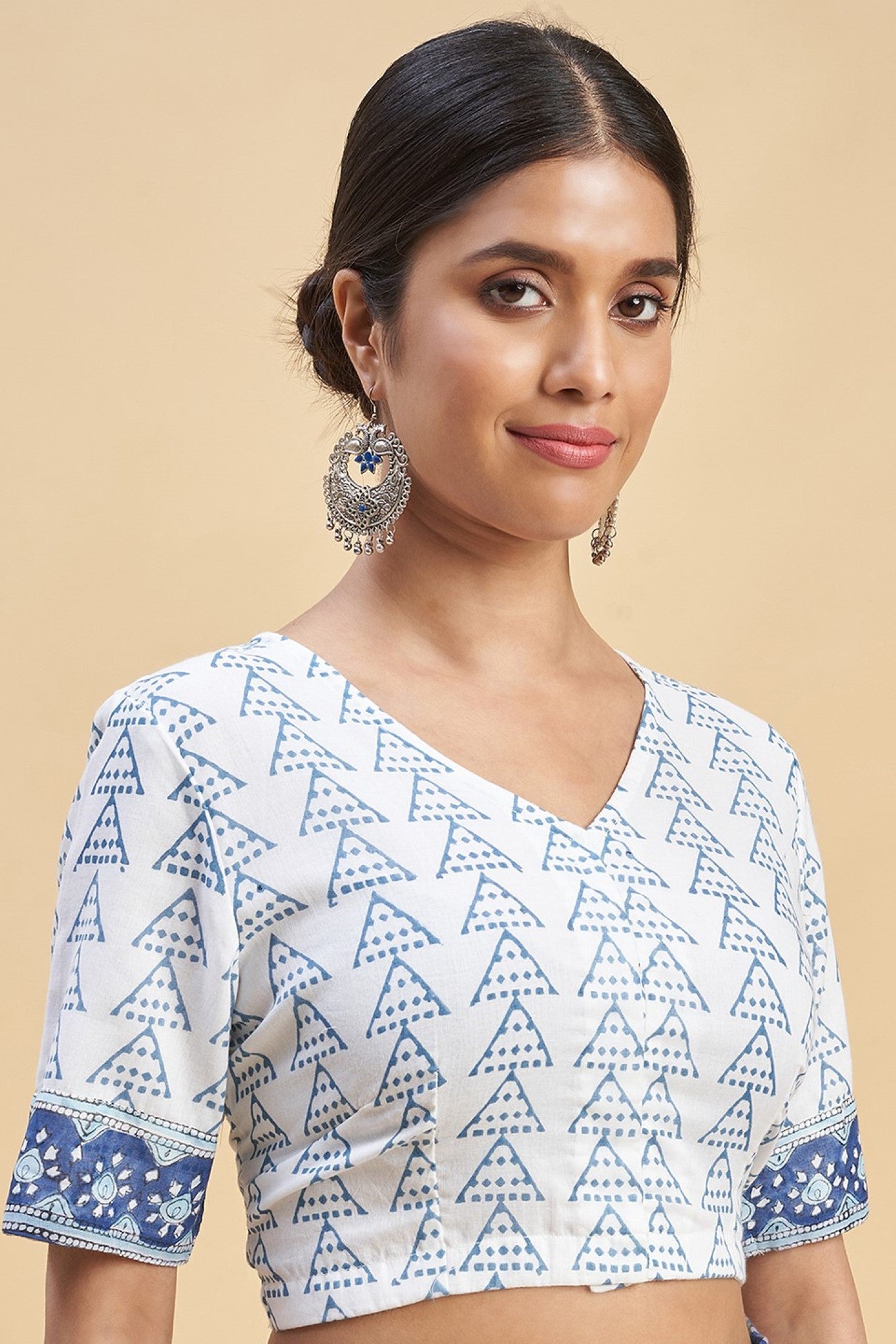 "Autumnal Blue'' Block Printed Cotton Saree - SootiSyahi