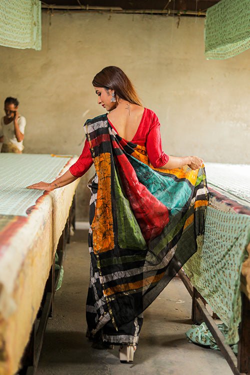 Batik Handblock Print Chanderi Silk Saree - SootiSyahi