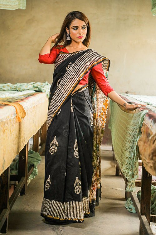 Batik Handblock Print Chanderi Silk Saree - SootiSyahi