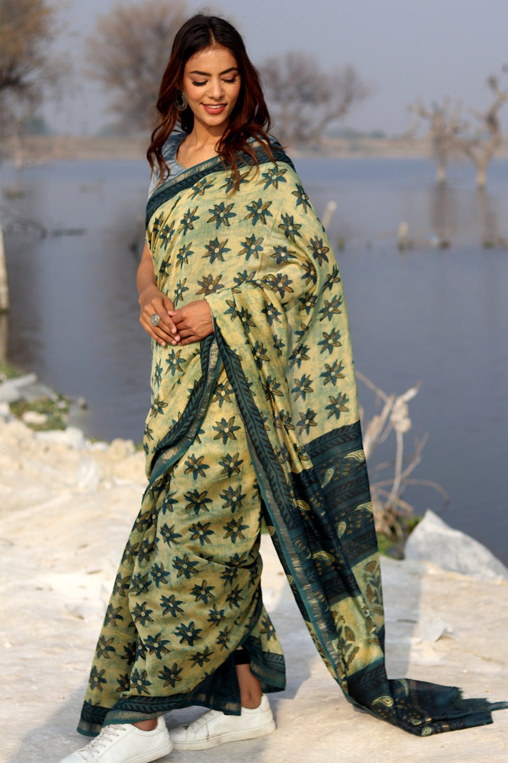 Botanical Bliss Handblock Printed Chanderi Saree - SootiSyahi