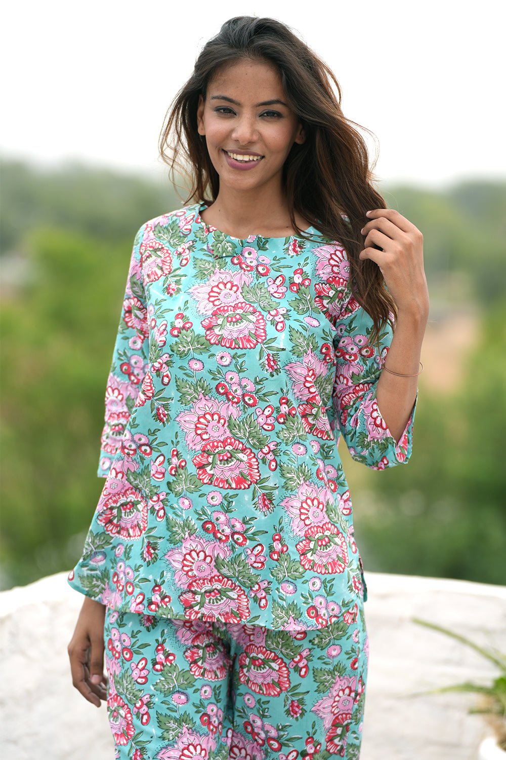 Bubblegum Frequencies Block Printed Night suit - SootiSyahi