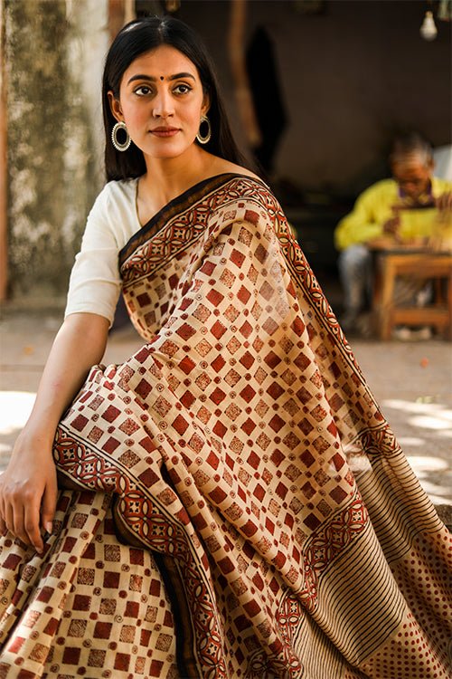 "CHROMA" BAGRU HANDBLOCK PRINT CHANDERI SILK SAREE - SootiSyahi