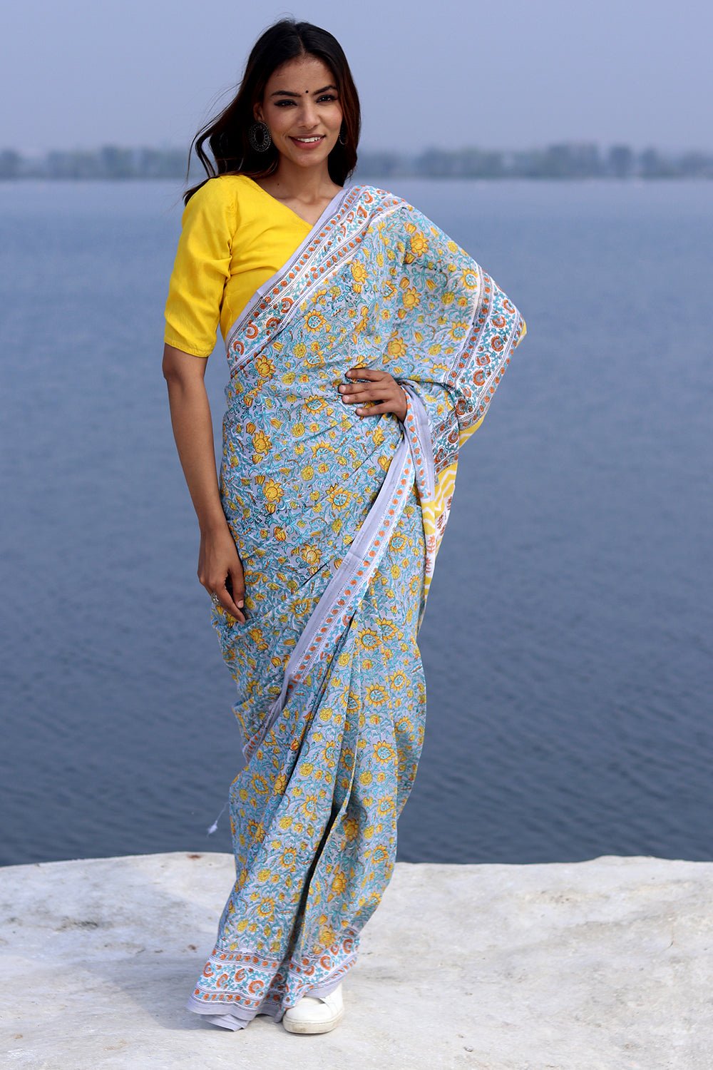 'COSMIC GRAY' HANDBLOCK PRINT MUL COTTON SRAEE - SootiSyahi