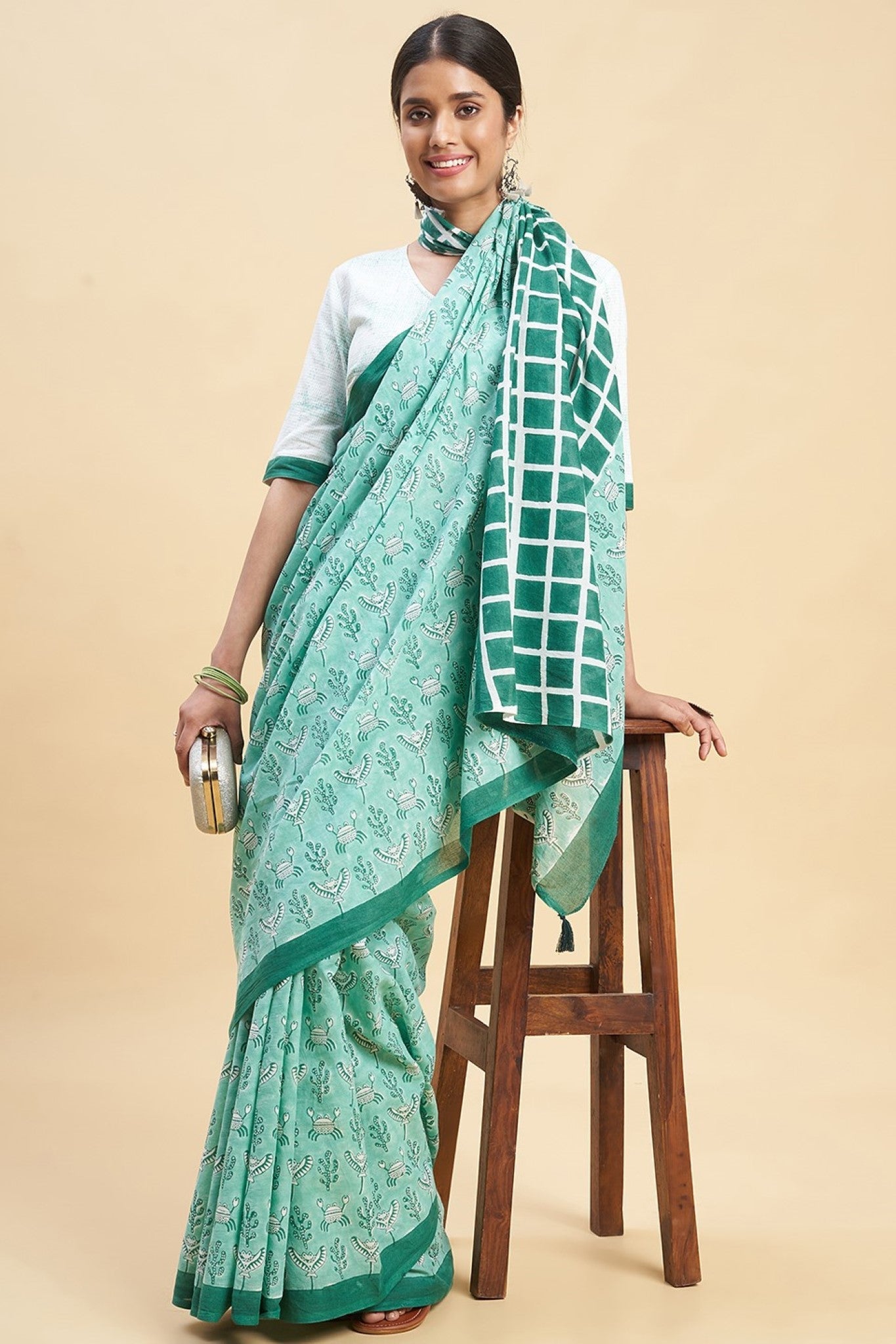 "Crab In Green'' Block Printed Cotton Saree - SootiSyahi