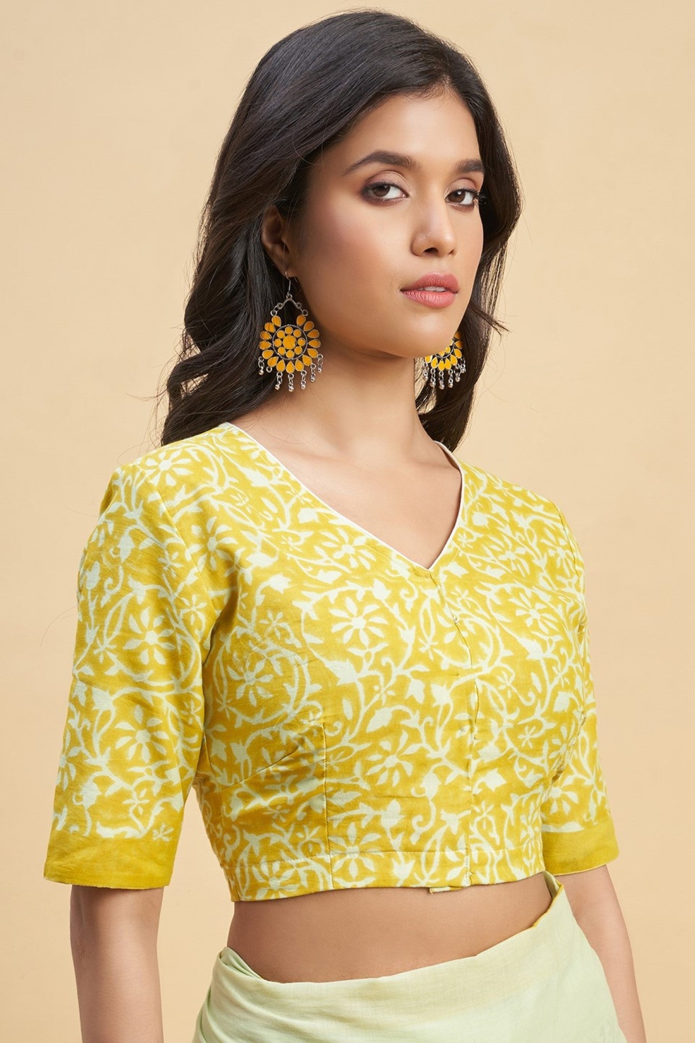 "Crape Myrtle Musterd" HANDBLOCK PRINT MUL COTTON SAREE - SootiSyahi