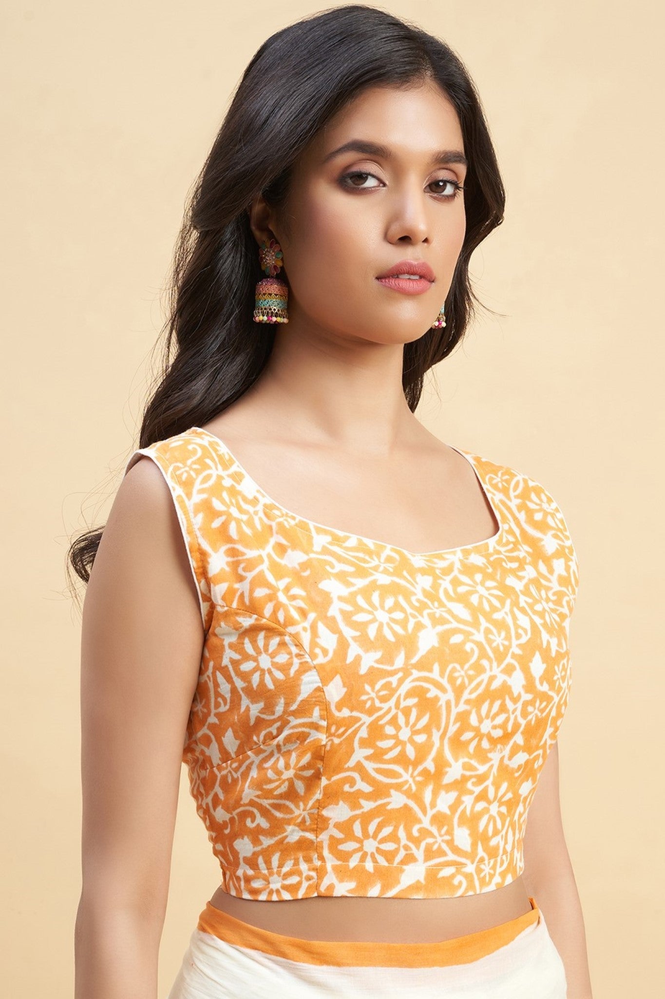 "Crape Myrtle Saffron" HANDBLOCK PRINT MUL COTTON SAREE - SootiSyahi