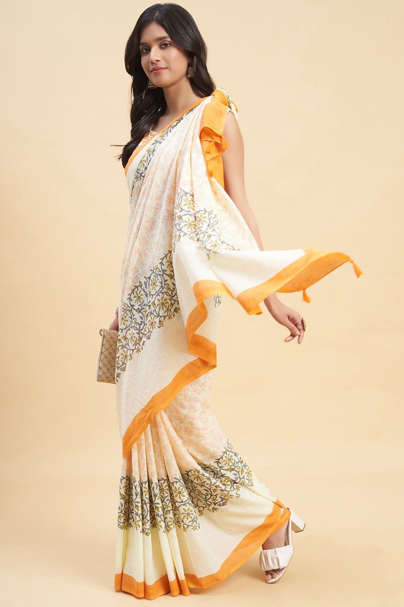 "Crape Myrtle Saffron" HANDBLOCK PRINT MUL COTTON SAREE - SootiSyahi