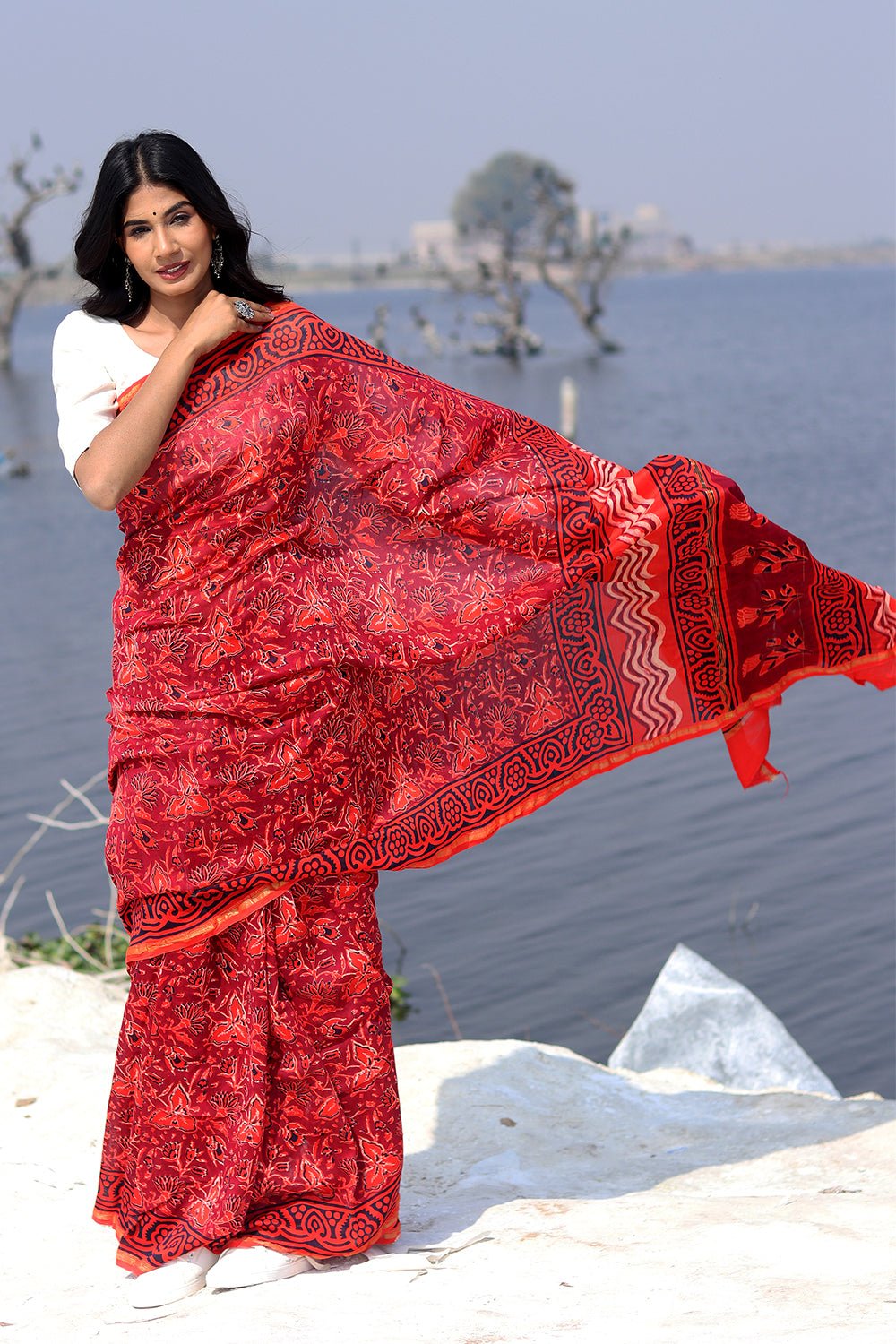 Dusk and Blush Block printed Chanderi Saree - SootiSyahi